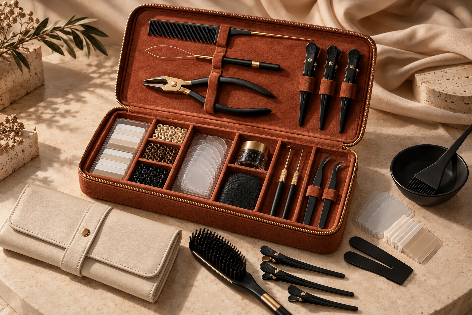 Kit profesional de herramientas MILÔSH en terracota, beige, negro y dorado